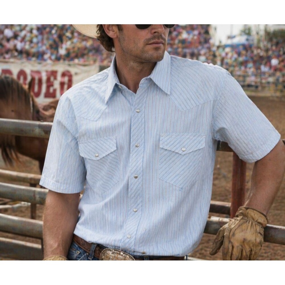 Vtg Men's Western Shirt L Williams Bay Short Sleeve Pearl Snap Blue Stripe